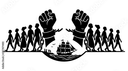 Canvas Print Black silhouette depicting breaking chains figures and a sailing ship on water