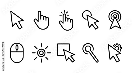 Click Action Mouse Cursor and Hand Pointer Outline Vector Icon Set