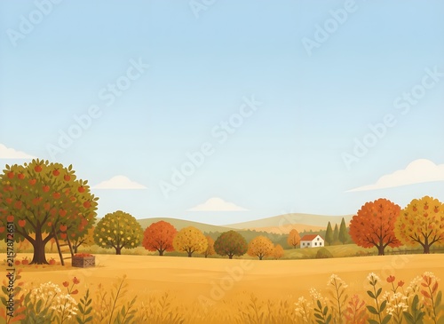 Peaceful Autumn Apple Orchard with Golden Meadow and Distant Hills, Flat Vector Landscape