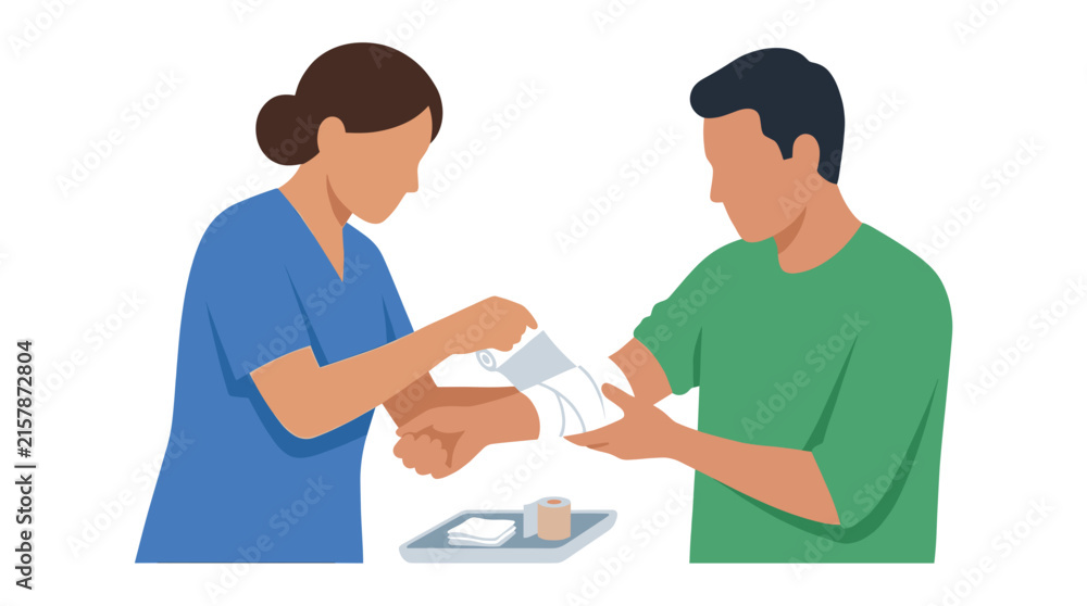 Obraz premium Medical professional applying bandage to patient injured arm.
