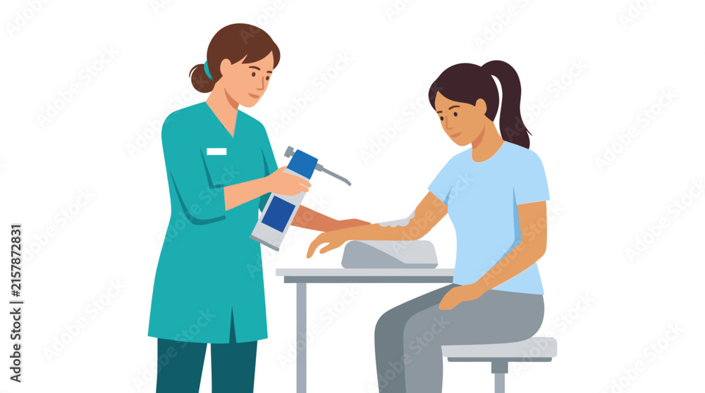 Obraz premium Medical professional treating patient hand with spray medicine.
