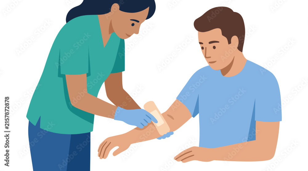 Fototapeta premium Nurse applying bandage to patient arm wound.