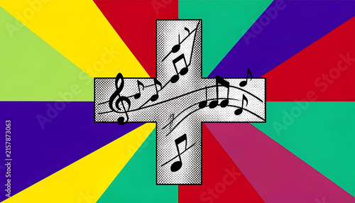 Christian cross with circular musical staff on colorful pop art background