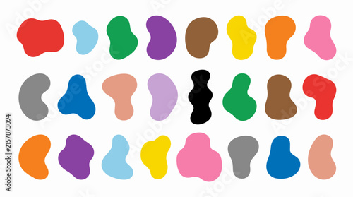 Set of colorful abstract blob shapes, organic fluid liquid drops, and irregular amorphous vector elements for modern graphic design