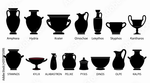Set of ancient Greek pottery silhouettes with names featuring amphora, krater, and traditional classic ceramic vases vector illustration