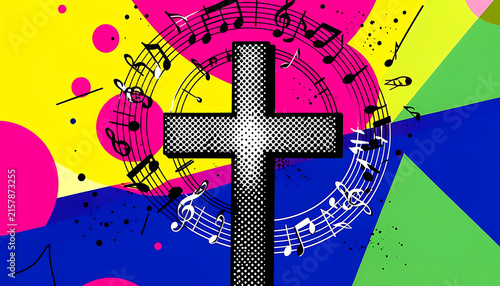 Vibrant christian worship music background with cross and musical staff