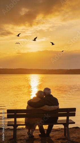 Senior couple sitting on bench embracing while watching sunset over lake vertical format