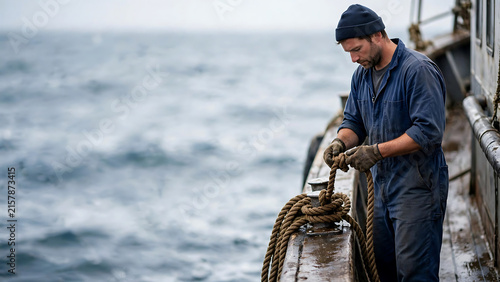Dedicated worker carefully securing thick nautical rope on a fishing vessel amidst the vast open ocean under a cloudy sky