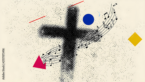 Christian worship music background with halftone cross and notes