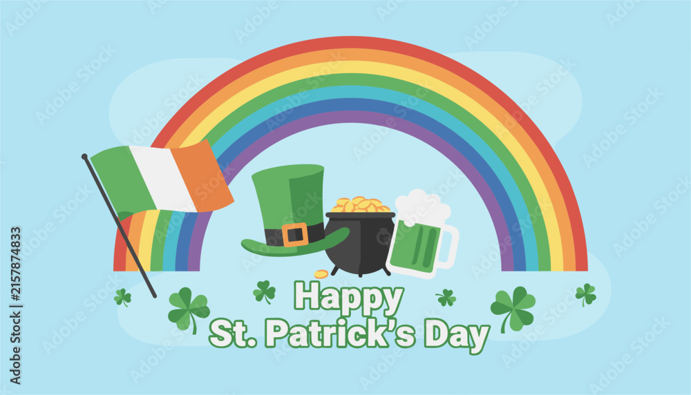 Fototapeta premium Saint Patrick's Day celebration design featuring a big colorful rainbow, Irish flag, leprechaun hat, and pot of gold.