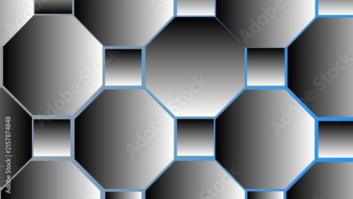 Obraz na płótnie A modern abstract background featuring interconnected octagonal shapes with black, white, and gray gradients, accented by thin blue outlines for a bold 3D geometric effect