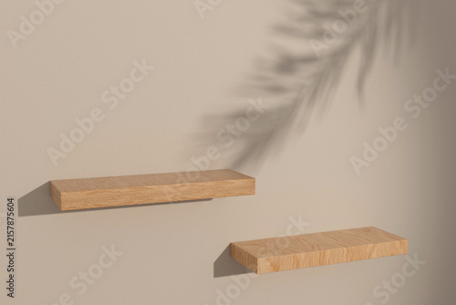 3d render floating wood shelf with Soft Sunlight, abstract White concrete wall with sunlight shadow reflected.