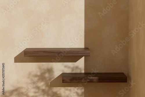 3d render floating wood shelf with Soft Sunlight, abstract White concrete wall with sunlight shadow reflected.