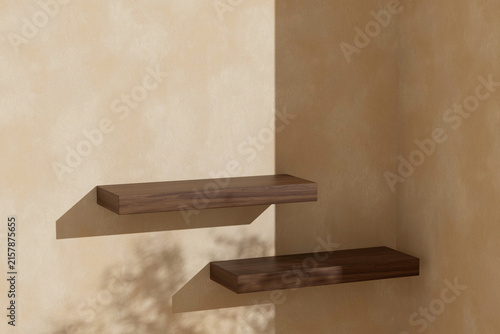 3d render floating wood shelf with Soft Sunlight, abstract White concrete wall with sunlight shadow reflected.