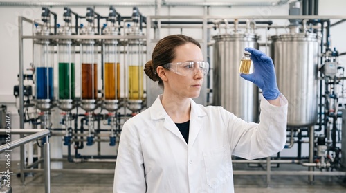 Scientist with blue gloves and safety glasses inspecting a vial of refined amber liquid in front of tall unbranded chemical processing tanks in a modern laboratory.