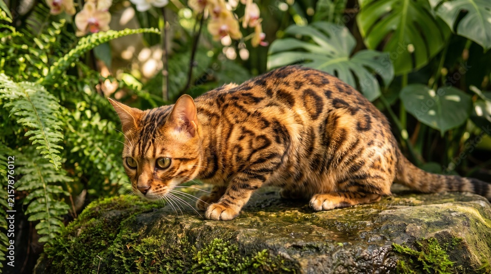Fototapeta Bengal cat in a tropical greenhouse