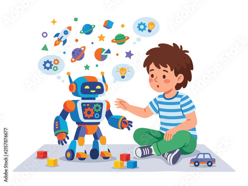 Child Playing With Colorful Educational Robot Toy.
