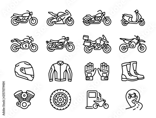 Minimalist Line-Drawn Icons Showcasing Diverse Motorcycle Gear and Accessories in Monochromatic Flat Design Style
