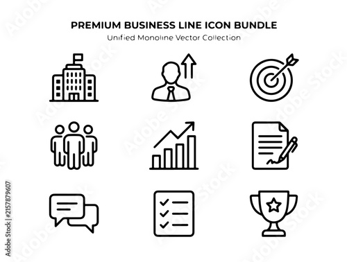 Modern Minimalist Business Line Icons Set Featuring Office Building, Team Collaboration, Growth Chart, Target