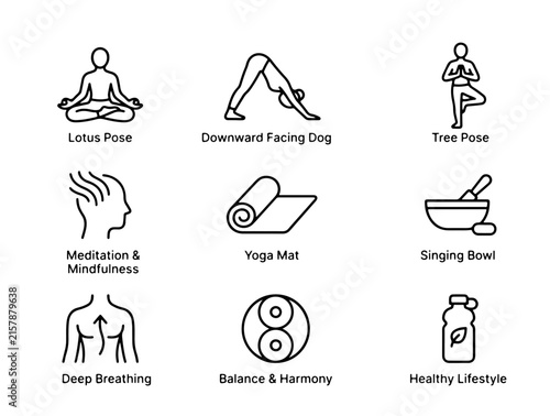 Minimalist Flat Icons Showcasing Meditation Yoga Postures and Wellness Activities in Clean Black and White Vector