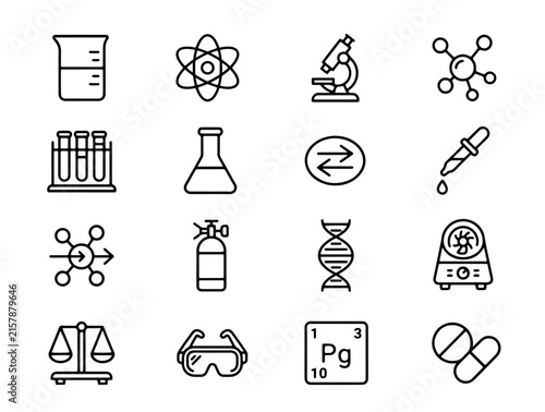 Minimalist Black and White Line Icons Set Featuring Science Lab Equipment and Medical Symbols in Clean Vector Style