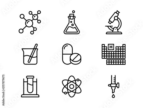 Minimalist Black and White Line Icons Set Featuring Science Laboratory Equipment and Molecular Structures
