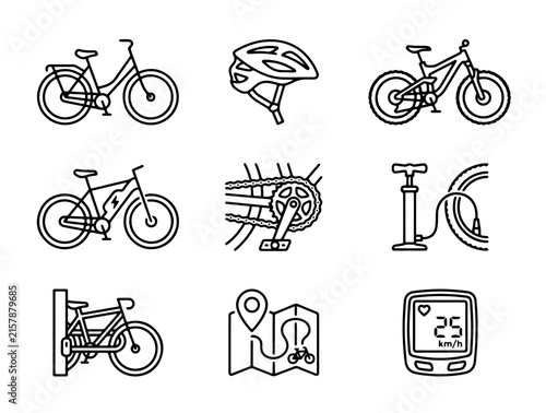 Minimalist Monochrome Mountain Bike Adventure Icons Set Featuring Helmets, Trails, Navigation and Tech Devices