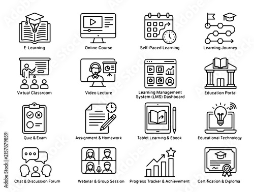 Modern Minimalist Icons Showcasing Digital Business Solutions and Office Productivity Tools in Clean Black and White