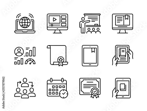 Modern Minimalist Icons Showcasing Global Connectivity, Analytics, Teamwork, Calendar, and Tech Devices in Clean