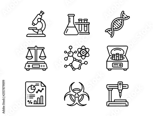 Minimalist Black and White Icons Set Featuring Science, Medicine, Law, and Data Visualization Symbols in Flat Vector