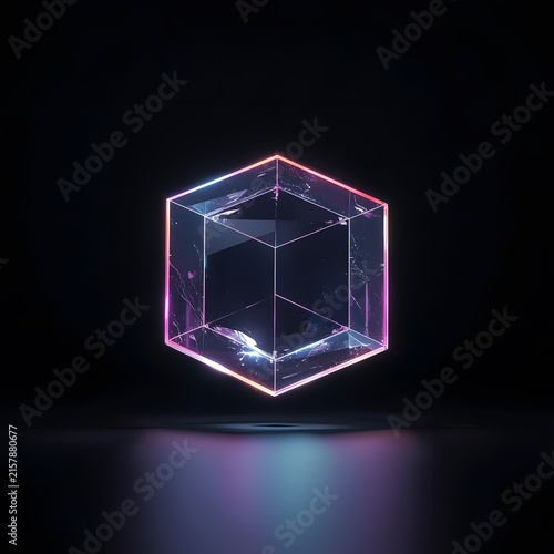 Premium Neon Holographic Cube Isolated on Dark Background