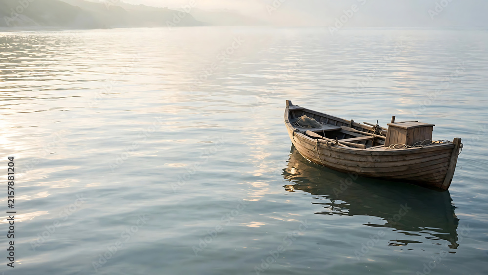 Fototapeta premium Old wooden fishing boat gently drifts on a tranquil, misty lake at dawn, evoking a sense of peaceful solitude and timeless calm