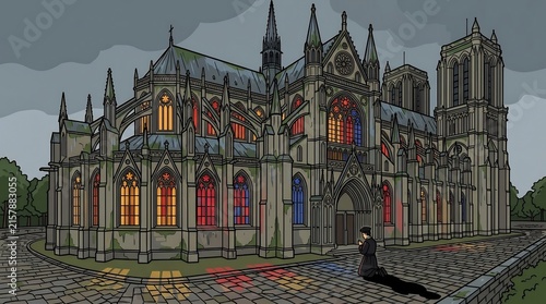 Majestic gothic cathedral at dusk with priest kneeling in prayer