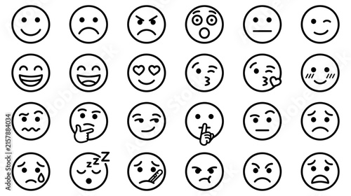 Outline Emoji Faces Expressing Various Emotions Isolated on White Background Vector Set