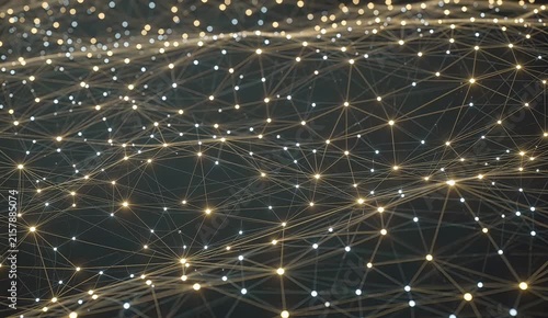Abstract Digital Network with Glowing Gold Connection Dots in Futuristic Data Mesh Background