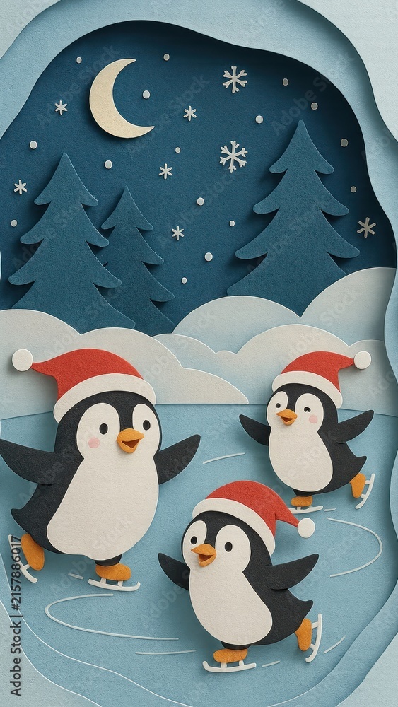 Fototapeta premium Penguins skating under starry sky.