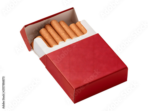 Open red cigarette pack full of cigarettes isolated on transparent or white background, png