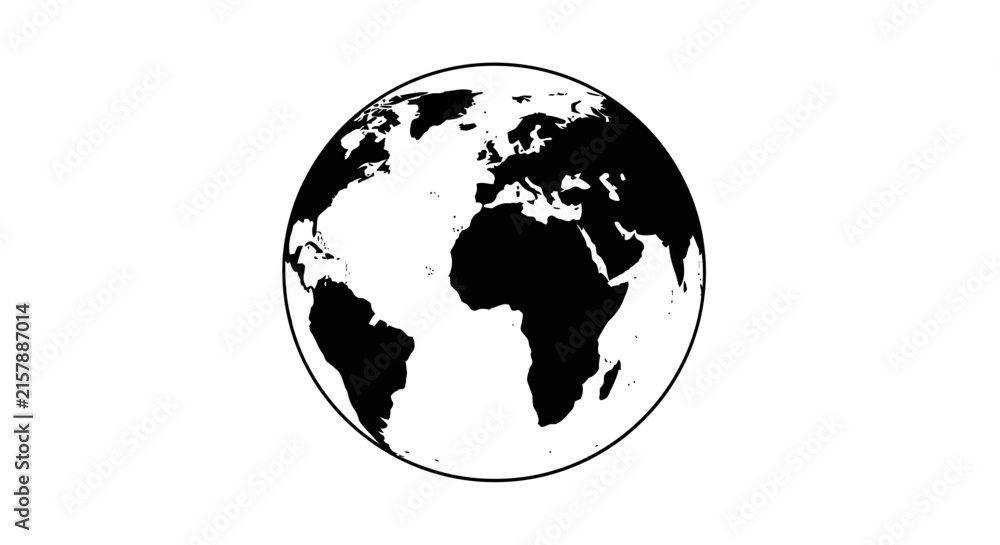 Fototapeta premium Monochrome Earth globe vector illustration. Black and white world map showing continents for global communication and geography concepts.