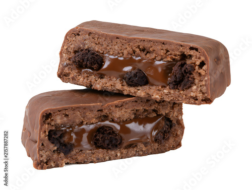 Halves of chocolate protein bar with caramel and crispy rice isolated on transparent or white background, png