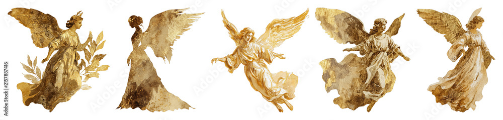 Naklejka premium PNG Golden angelic figures in flight, element set on transparent background