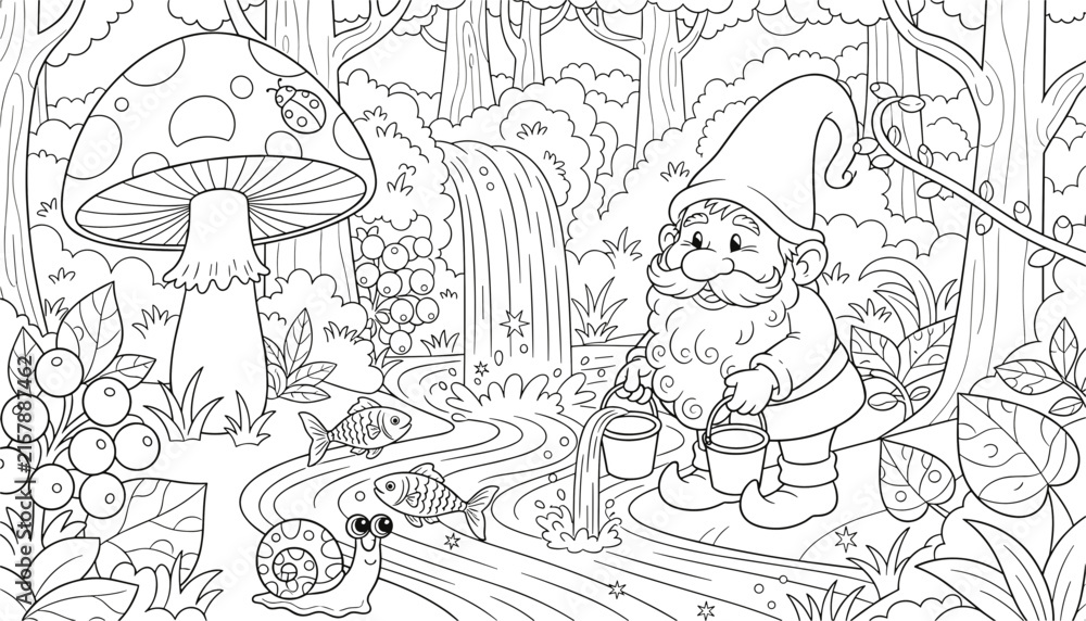 Naklejka premium Forest scene coloring page featuring a cheerful garden gnome holding buckets next to a waterfall, snail, and large mushroom.