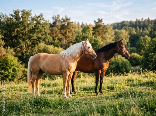 Two horses standing peacefully together side by side in a lush green pasture bathed in sunlight