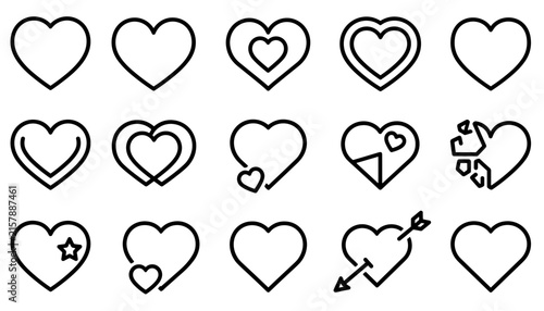 Collection of various heart outline icons showing different styles including broken, arrow, double, star, and geometric designs.