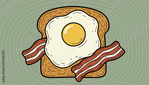 Toast topped with a perfectly cooked sunny-side-up fried egg and flanked by two crispy strips of bacon on a green swirly backdrop.