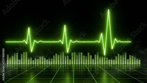 Glowing green heartbeat pulse line and audio frequency wave visualizer on digital grid background for music and medical concepts