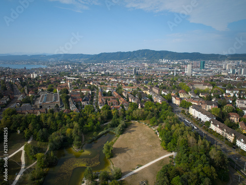 Aerial view of Swiss city of Zürich with local mountain Uetliberg in the background on a summer morning. Photo taken August 15th, 2026, Zurich, Switzerland.