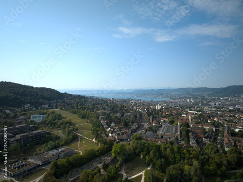 Aerial view of Swiss city of Zürich with Lake Zurich in the background on a summer morning. Photo taken August 15th, 2026, Zurich, Switzerland.