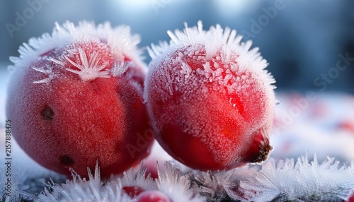 a close up view of fresh red fruits covered in delicate frost during an intense cold spell the freezing temperature beautifully highlights the vibrant red colors and icy textures