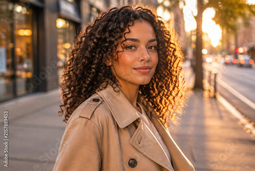 Woman in trench coat at golden hour, urban lifestyle and confidence.