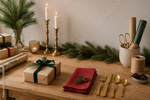 Gift wrapping station with cutlery, napkins, pine sprigs, and candles, holiday preparation concept